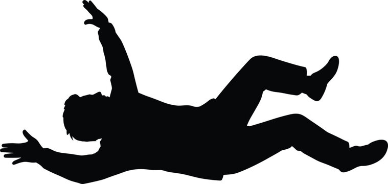 Black silhouette of a person falling backwards with arms and legs outstretched in a dynamic motion, isolated on a white background, for use