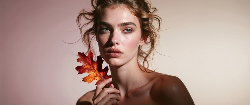 Close-up Portrait of a Beautiful Young Woman with Messy Hair Holding a Vibrant Autumn Maple Leaf against a Soft Gradient Background