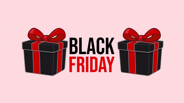 Black friday shopping banner with black gift boxes and red ribbons on a pink background for seasonal sale events