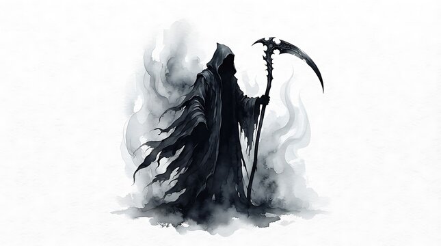 Spooky Grim Reaper dark silhouette holding scythe in fog, halloween death figure horror illustration isolated on white background