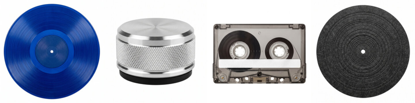 Retro audio equipment collection with blue vinyl record, aluminum volume knob, cassette tape, and turntable slipmat isolated on white background for vintage music and sound design