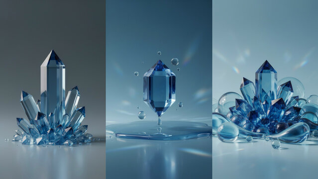 Blue crystal formations and water droplets with light reflections on a soft blue background