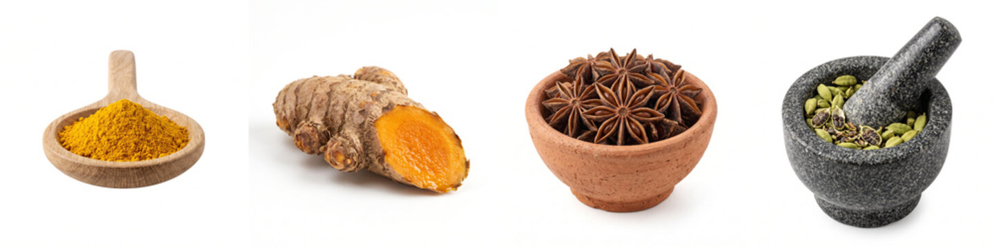 Spices collection with turmeric, anise and cardamom in wooden spoon, clay bowl and stone mortar isolated on white background for culinary recipe, healthy cooking and herbal seasoning design