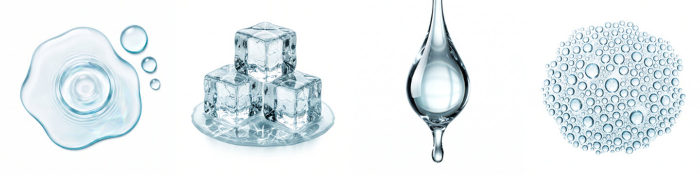Water drop, splash puddle, ice cubes, and condensation set isolated on white background, featuring clear liquid textures for cosmetic skincare and beverage packaging design