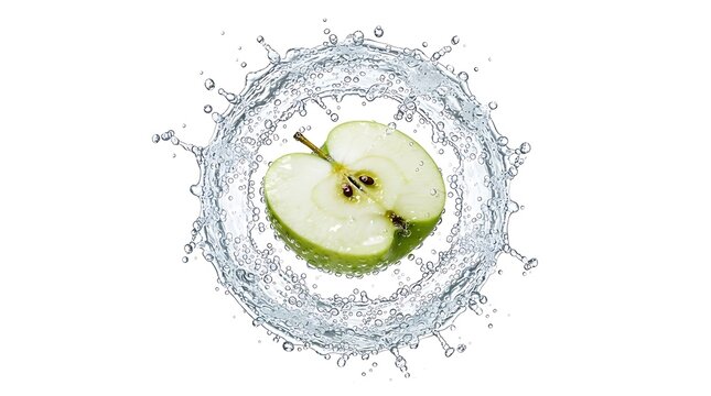 Green apple slice splashing into clear water splash wave with liquid crown, fresh organic apple splash isolated on white background