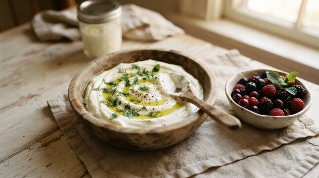 Fresh labneh with zaatar and cherries in a rustic kitchen setting