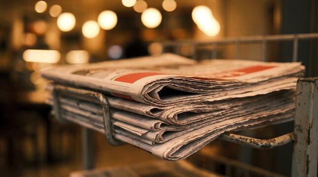 Folded old newspapers featuring red headline branding stacked on industrial metal storage rack inside dimly lit workspace for professional editorial theme.