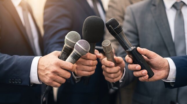 Journalists and reporters holding various microphones conduct a press conference, interviewing a businessperson or politician at a public event.