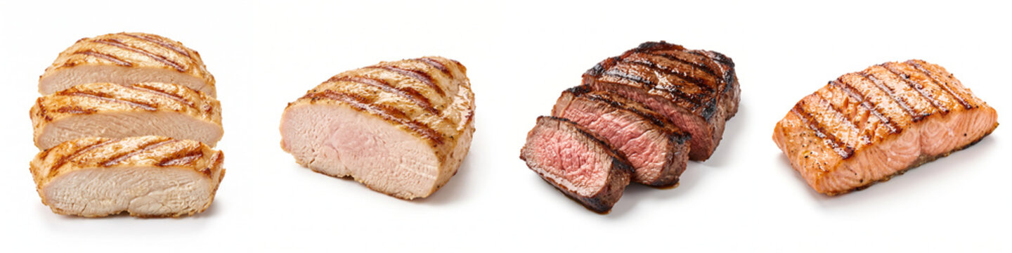 Grilled meat and fish collection isolated on white background, featuring roasted chicken breast, pork, beef steak and salmon fillet for culinary recipe banners and healthy diet menus