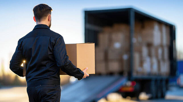 Delivery worker holding cardboard box near truck loading dock, logistics warehouse background, back view, outdoor shipping scene