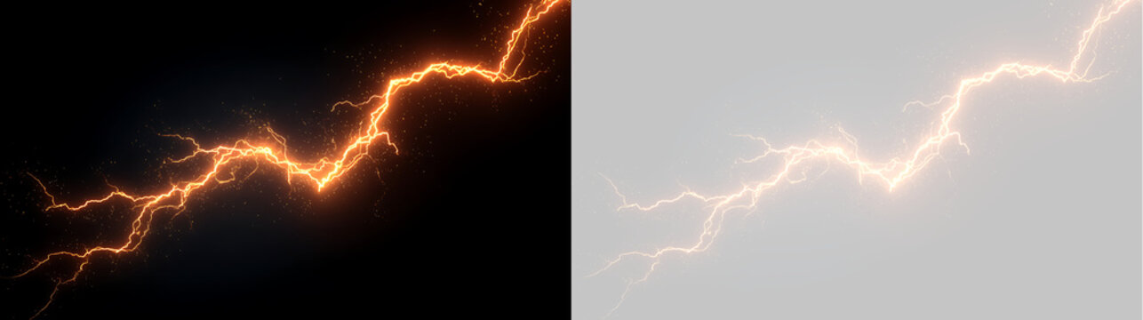 Diagonal orange energy beam and electric lightning effect. Glowing spark discharge on transparent background