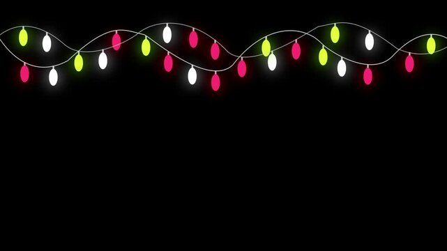 Glowing christmas bulb frame with colorful decorative lights, flickering and twinkling festive illumination around the border, seamless loop on black screen background  for holiday parties. 4K