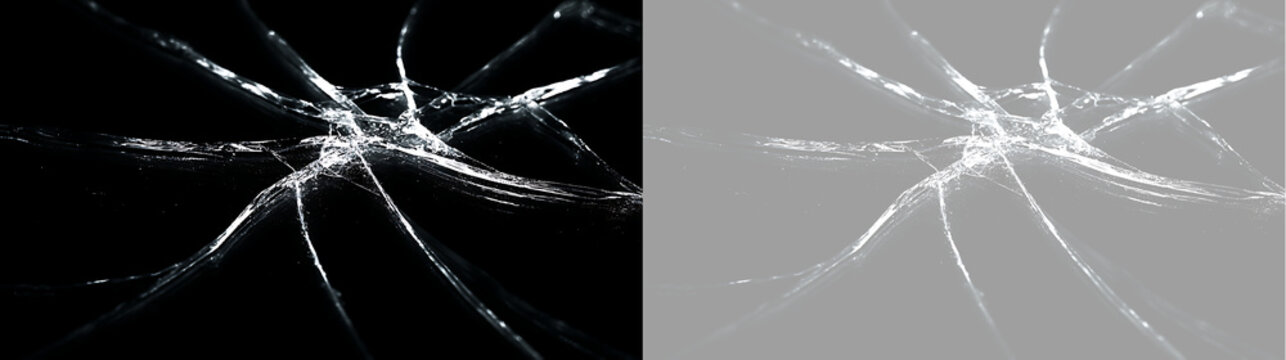 Broken glass texture overlay with realistic crack lines. Shattered window effect on transparent background. Damage visual element