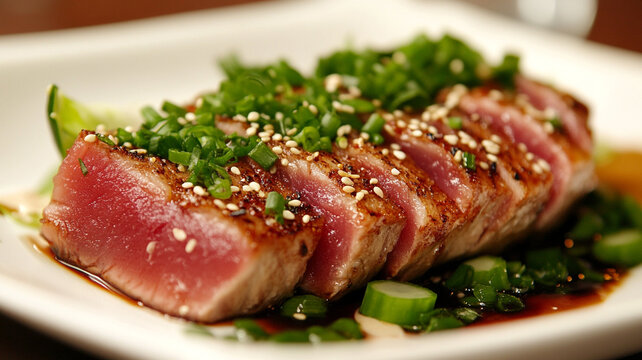 Sliced seared ahi tuna encrusted with sesame seeds and green onions, ideal for asian fusion dining and gourmet lifestyle concepts