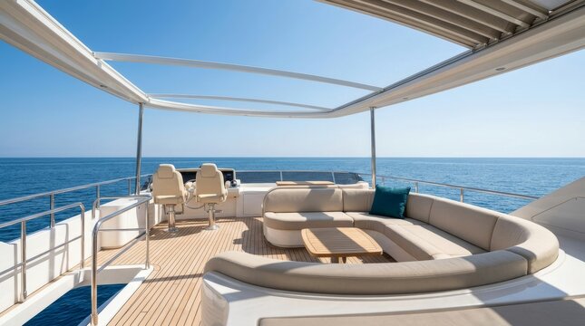 Luxury yacht upper deck with teak flooring, cream U-shaped lounge sofa, captain's chairs, and retractable awning overlooking the open sea. Superyacht travel and charter