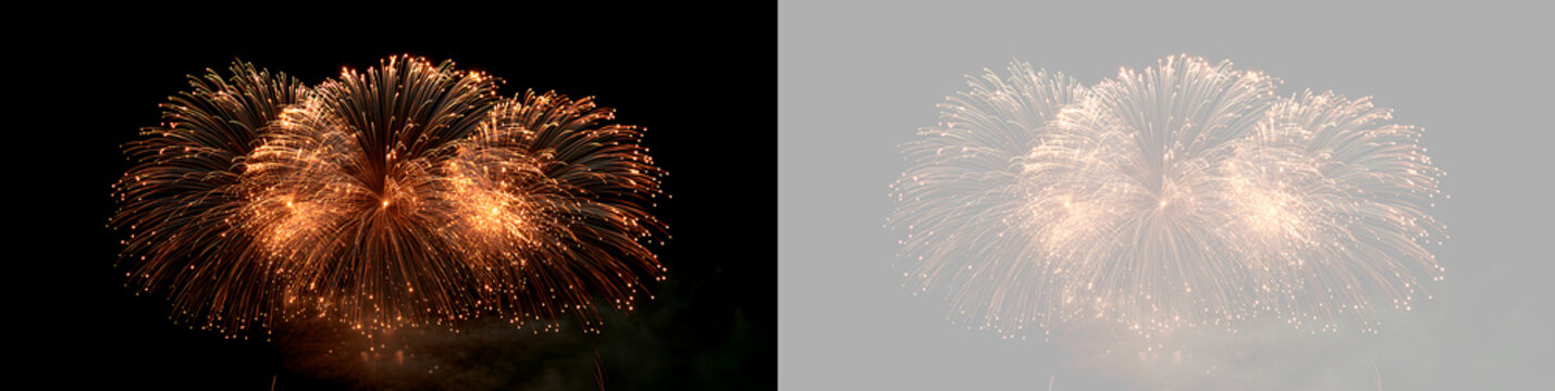 Golden fireworks explosion overlay on black background. Sparkling pyrotechnic burst for celebration and holiday banner