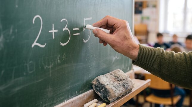 Senior teacher hand writing simple math addition equation on green chalkboard using white chalk with blurry classroom students in background setting.