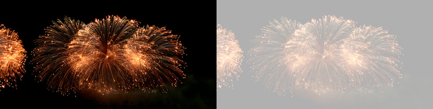 Panoramic golden fireworks explosions overlay. Sparkling holiday pyrotechnics banner for New Year celebration