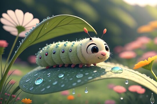 Cartoon caterpillar with antennae on a dew-covered leaf