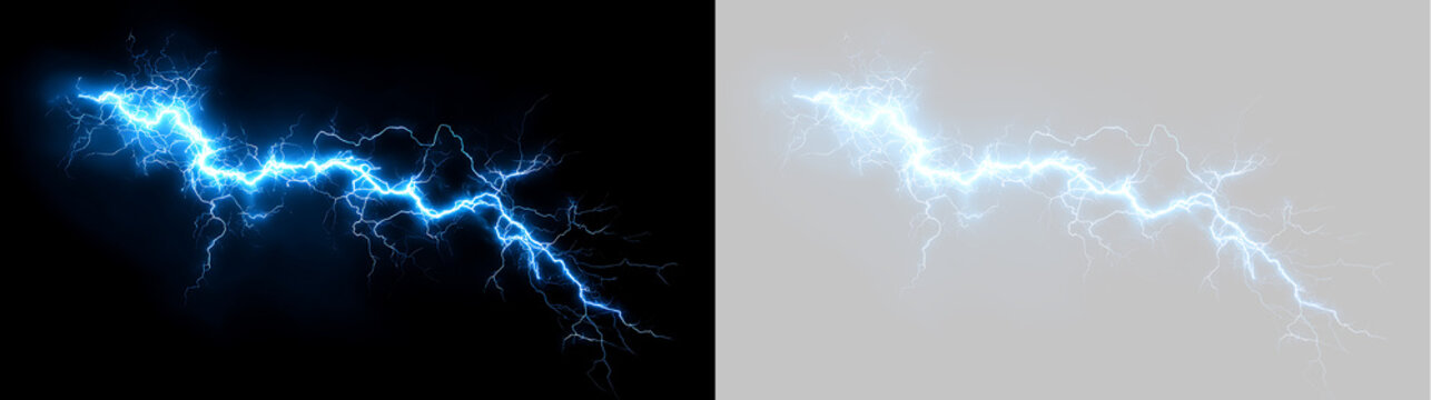 Blue electric lightning bolt and plasma spark discharge. Powerful electrical storm strike isolated on transparent and black background