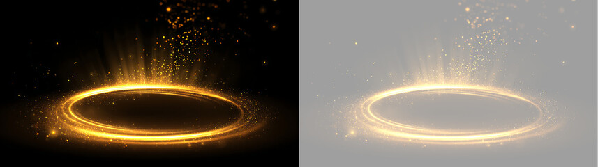 Circular golden light effect with glowing particles. Gold sparkle ring and radiant rays isolated on transparent background © Антон Миргородський