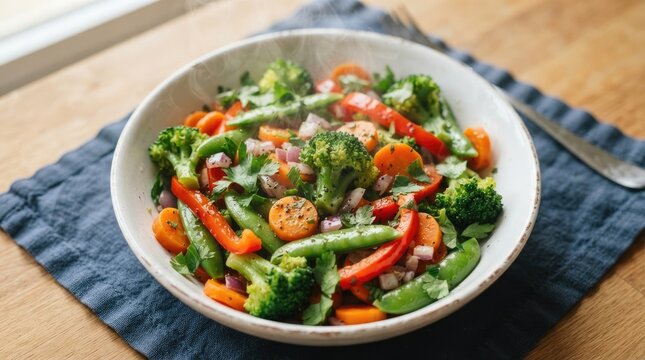 A healthy bowl of stir fried vegetables with broccoli and peppers on a wooden table