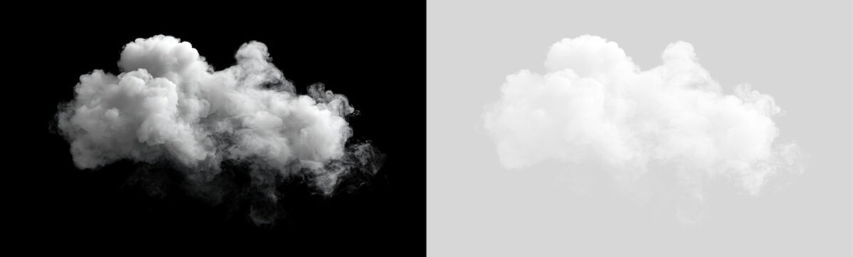 Realistic white cloud isolated on transparent and black background. Fluffy smoke puff and fog design element for sky overlay and visual effects