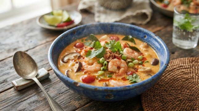 Delicious thai tom yum goong soup with fresh shrimp and herbs in a ceramic bowl