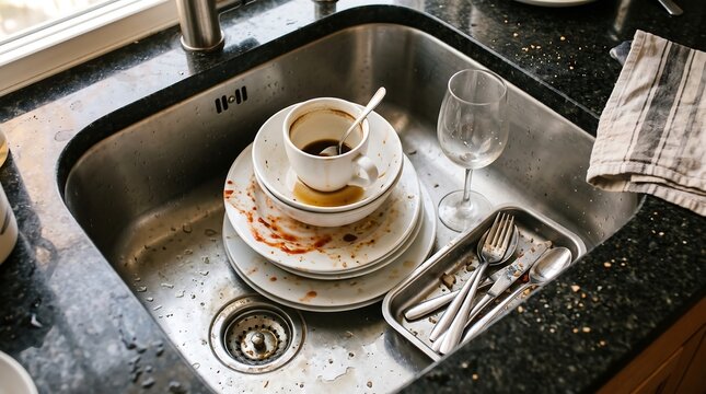 Stack of dirty dishes plates coffee cup wine glass and cutlery in stainless steel kitchen sink represents house chore routine and aftermath of dining.