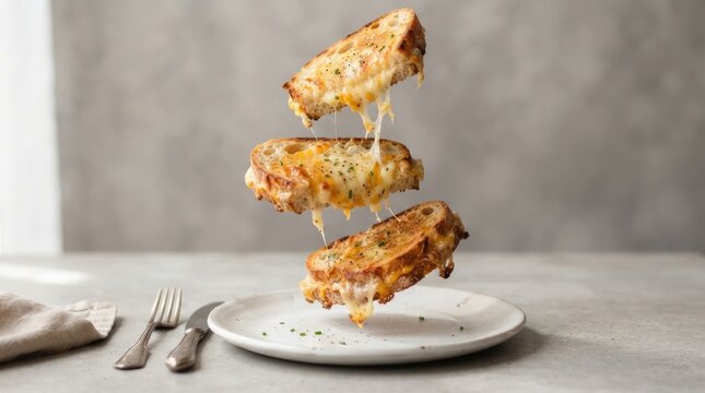 Delicious grilled cheese sandwich slices floating above a white plate on a grey background