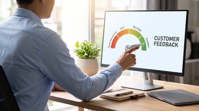 Businessman analyzing customer feedback satisfaction gauge on computer monitor screen, pointing at excellent rating indicator for service quality improvement and performance