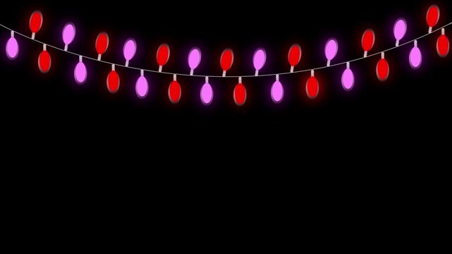 Christmas lights border frame with colorful glowing bulbs, rhythmic flickering and festive garland illumination, seamless loop animation on black screen background for holiday greeting videos. 4K