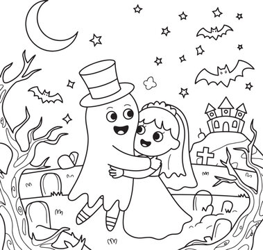 Cute cartoon ghost groom and bride wedding coloring page for kids with a spooky haunted house background