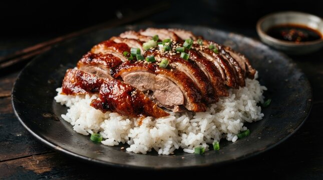 A delicious plate of roasted duck served over white rice with a side of savory dipping sauce on black