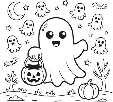 Cute cartoon ghost holding a pumpkin trick or treat bucket for a fun halloween coloring page for kids