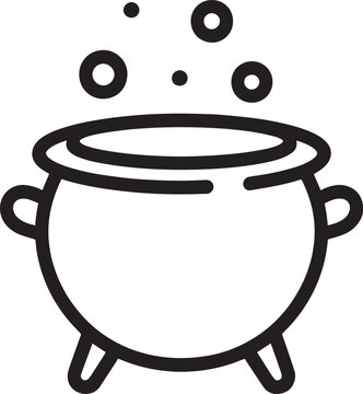Simple black outline icon of a bubbling witch cauldron for halloween design and magic themed projects