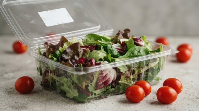 Fresh organic mixed green salad leaves in a clear plastic container with cherry tomatoes on a stone background