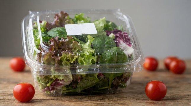 A plastic container of fresh mixed salad greens sitting on a wooden table with scattered red cherry tomatoes