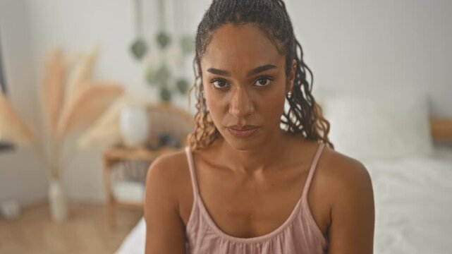 Young african american woman seated on bed showing bare shoulder and direct gaze at camera in bedroom, neutral expression; quiet introspection.