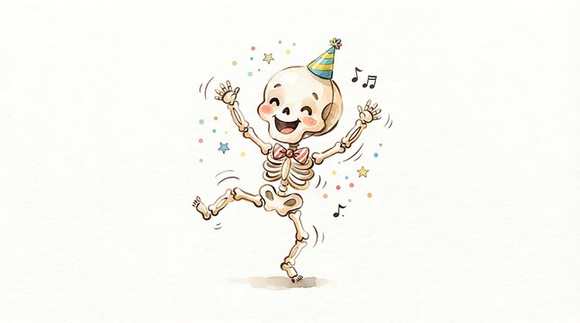 Funny skeleton character dancing with top hat, whimsical halloween skeleton watercolor illustration isolated on white background