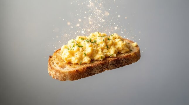 A slice of toasted sourdough bread topped with creamy scrambled eggs and fresh herbs floating against a grey background