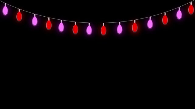 Colorful christmas bulb lights arranged as a festive frame, glowing garland with flashing and twinkling illumination, seamless loop animation on black screen background for holiday celebrations. 4K