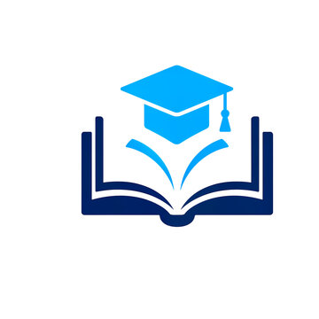 Educational book logo with graduation cap, academic learning icon in blue, school library symbol for university and online courses