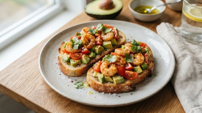Two slices of toasted sourdough bread topped with fresh shrimp avocado and tomato salsa on a plate