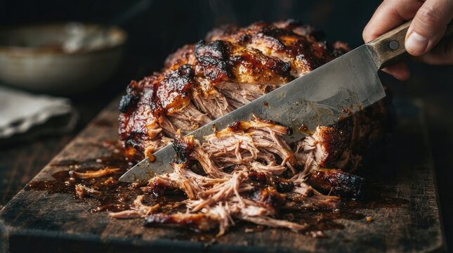A close up of a chef using a sharp knife to carve delicious slow cooked pulled pork on wood