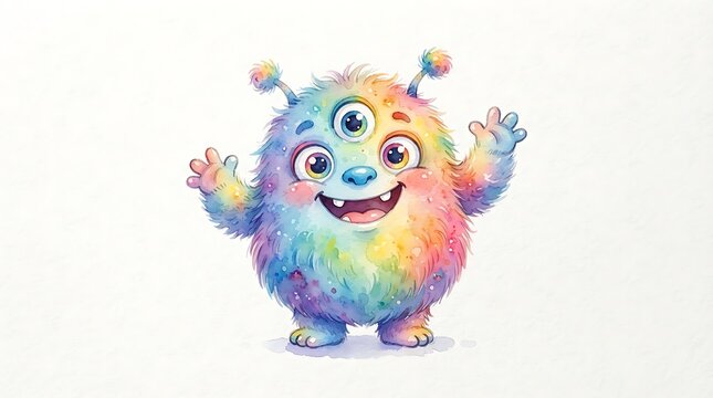 Cute colorful furry monster character with three eyes, rainbow fluffy alien mascot illustration isolated on white background