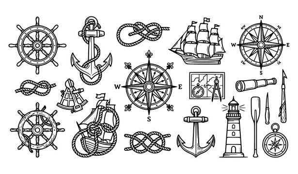 Vintage nautical steering wheel anchor and wind rose outline icons
