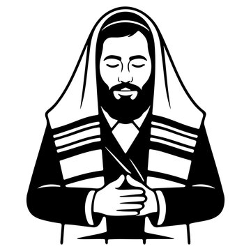Jewish man wearing tallit prayer shawl praying with closed eyes in black and white vector