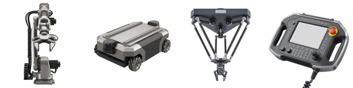 Industrial robots and automation equipment set including robotic arm, mobile platform, delta manipulator, and control pendant rendered in 3D on a white background for smart factory design