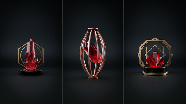 Three panels featuring red gemstone crystals encased in geometric gold and copper metal frames